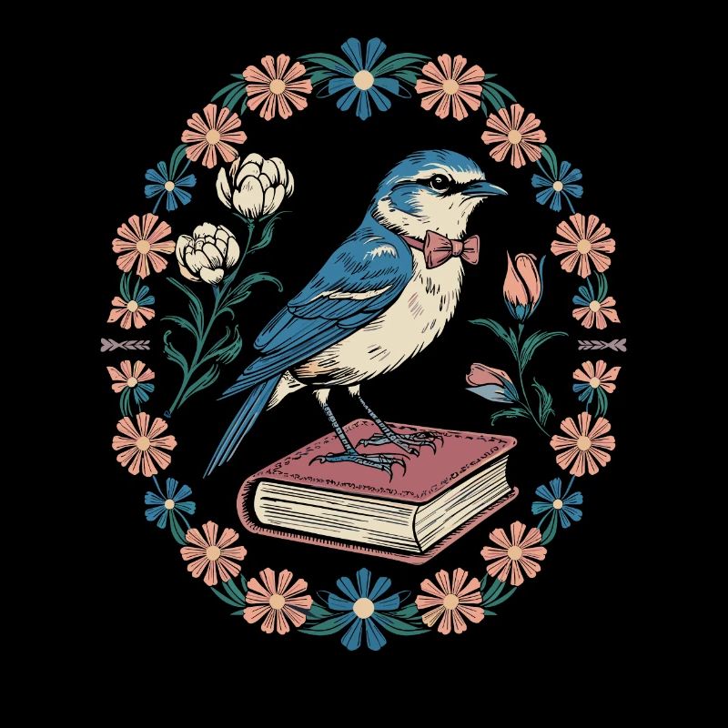 Cottagecore Bird on Book with Floral Wreath