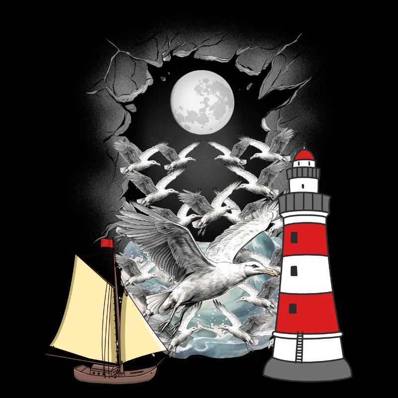 maritime, seagulls, seagull, lighthouse, sailing ship, boat