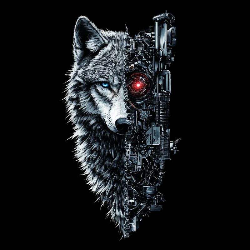 Lustiger Roboter Kunst Wolf Cyborg Tier AI Wolf
