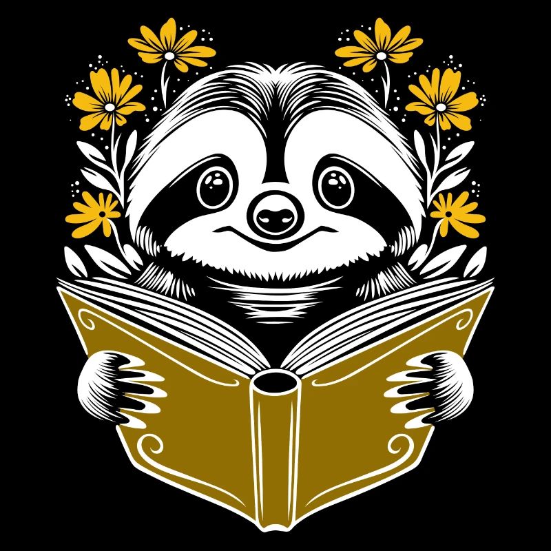 Sloth with book and flowers reading books