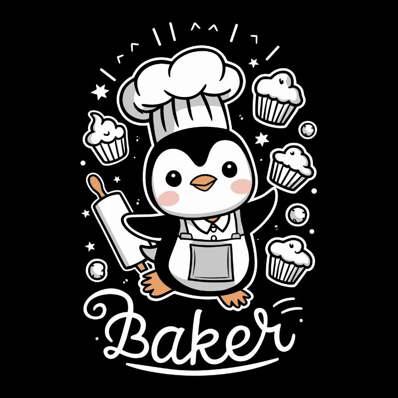 Mignon pingouin boulanger avec des muffins et