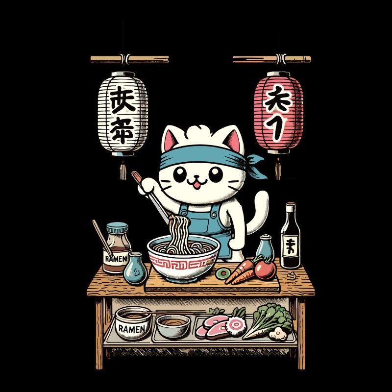 Cats, Ramen, Chef, Ukiyo-E, Kawaii, Retro, Japan