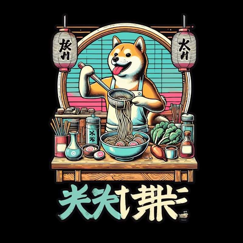 Shiba chien ramen chef dans le style ukiyo-e avec