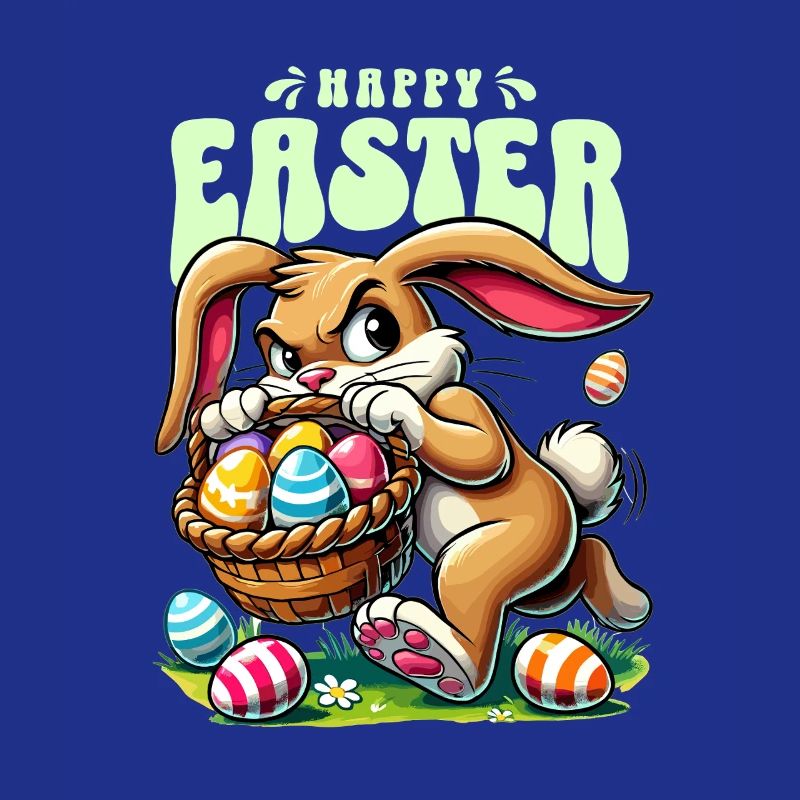 Happy Easter: Playful bunny with Easter eggs