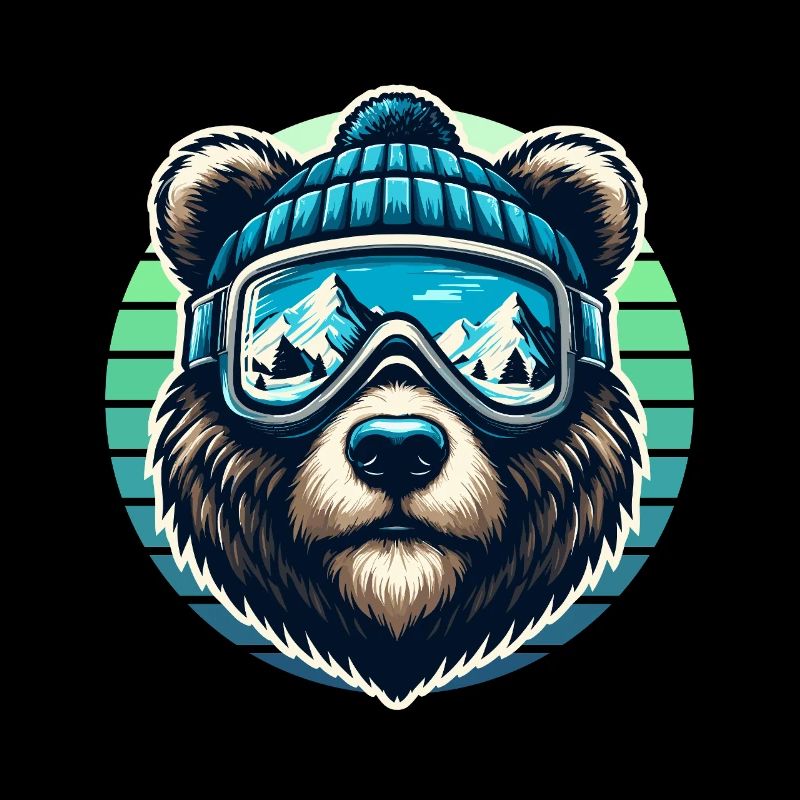 Funny bear with ski goggles and ski cap loves skiing