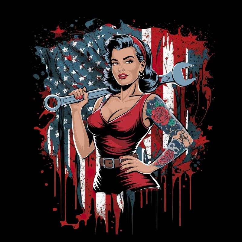 Femme forte avec drapeau et clé à molette