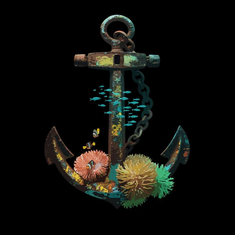 Maritime anchor with corals and fish