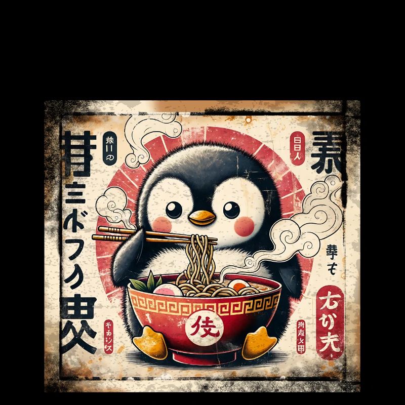 Ramen Penguin Grunge Poster Style