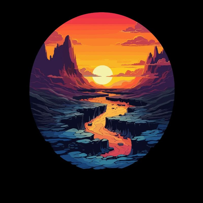 Sunset over river and mountains in the