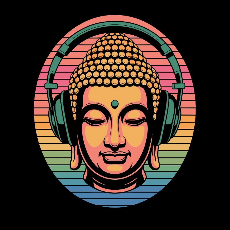 Buddha mit Kopfhörern Achtsamkeit Musik Boho Zen