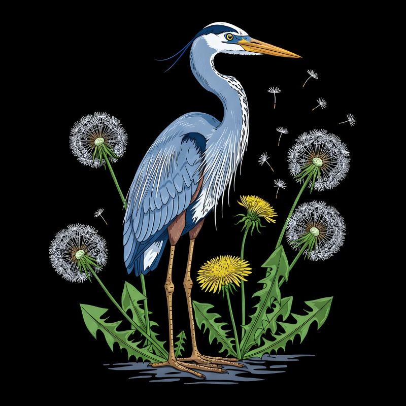 Blauer Reiher und Löwenzahn
