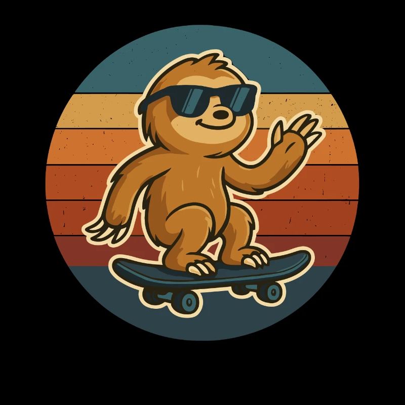Retro sloth on skateboard with glasses