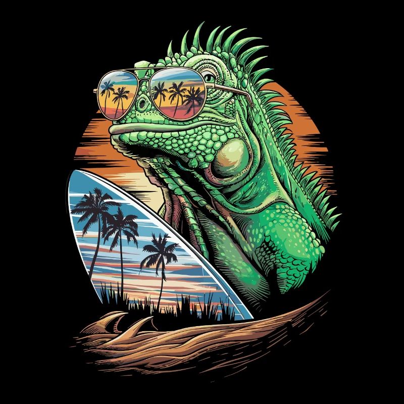 Cool lizard summer with wave and palm trees