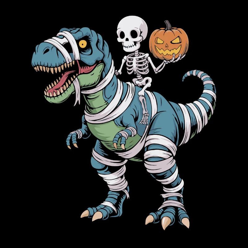 T-Rex d’Halloween avec skellet et citrouille
