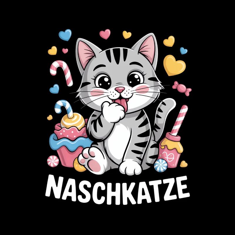 Chat de dessin animé mignon et gourmand avec des bonbons