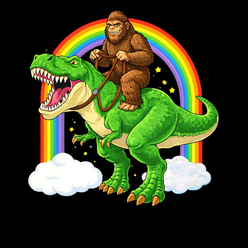 Bigfoot Reitet T-Rex Dinosaurier Regenbogen