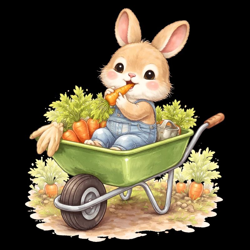 Cute bunny with carrots in wheelbarrow