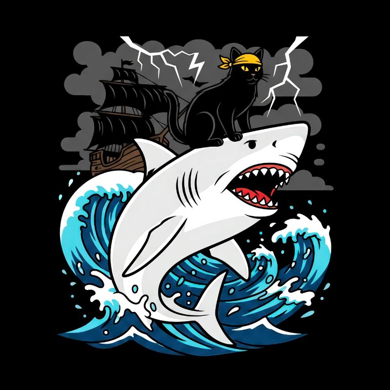 Pirate cat against storm shark