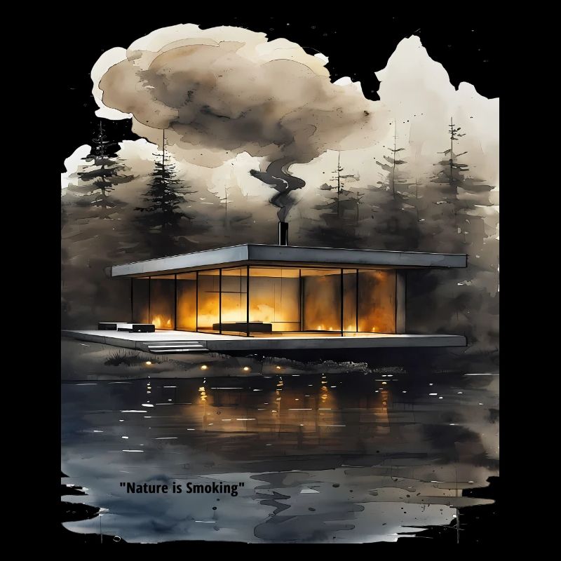 Cabane moderne éclairée par le feu sur le lac