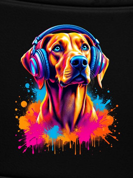 Viszla with headphones