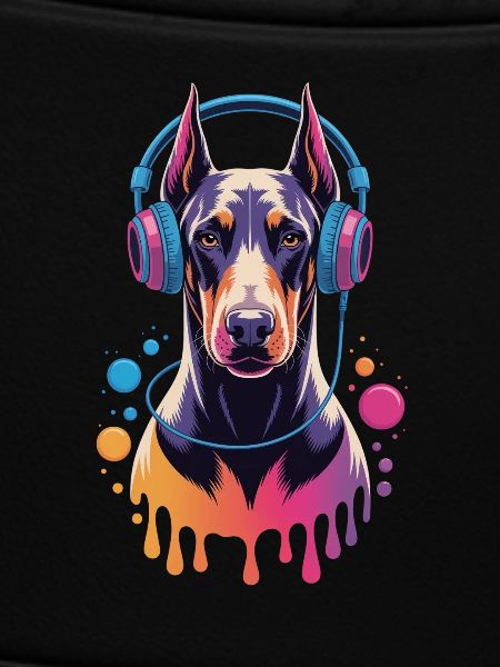 Dobermann mit Kopfhörern