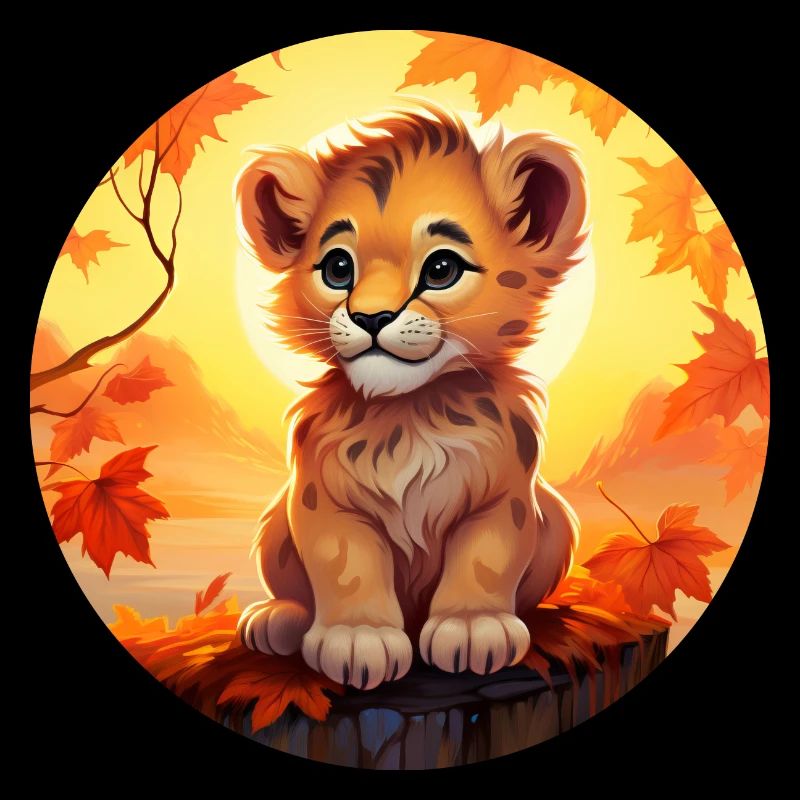 Lionceau dans le feuillage d’automne - Coucher de soleil romantique desi