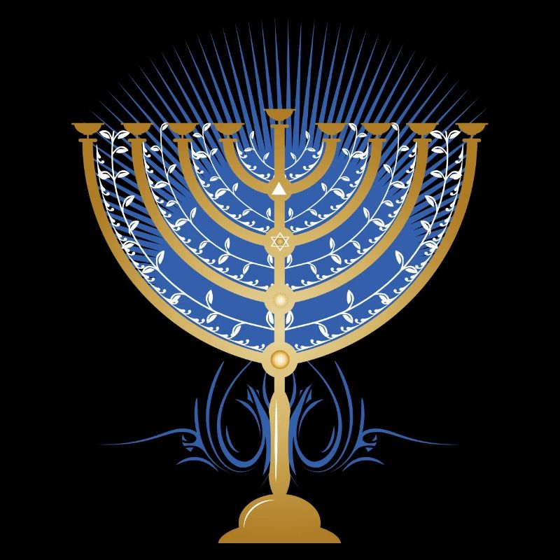 gold-colored Hanukkah candlestick with blue rays