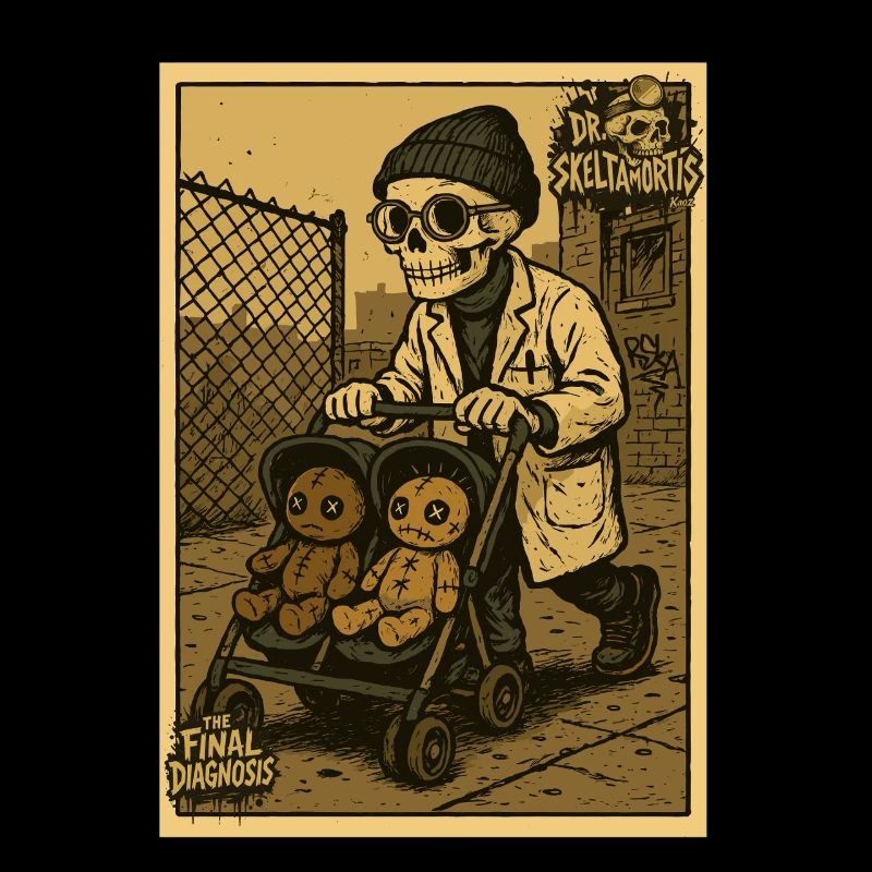 Dr Skeltamortis avec des poupées vaudou dans une poussette
