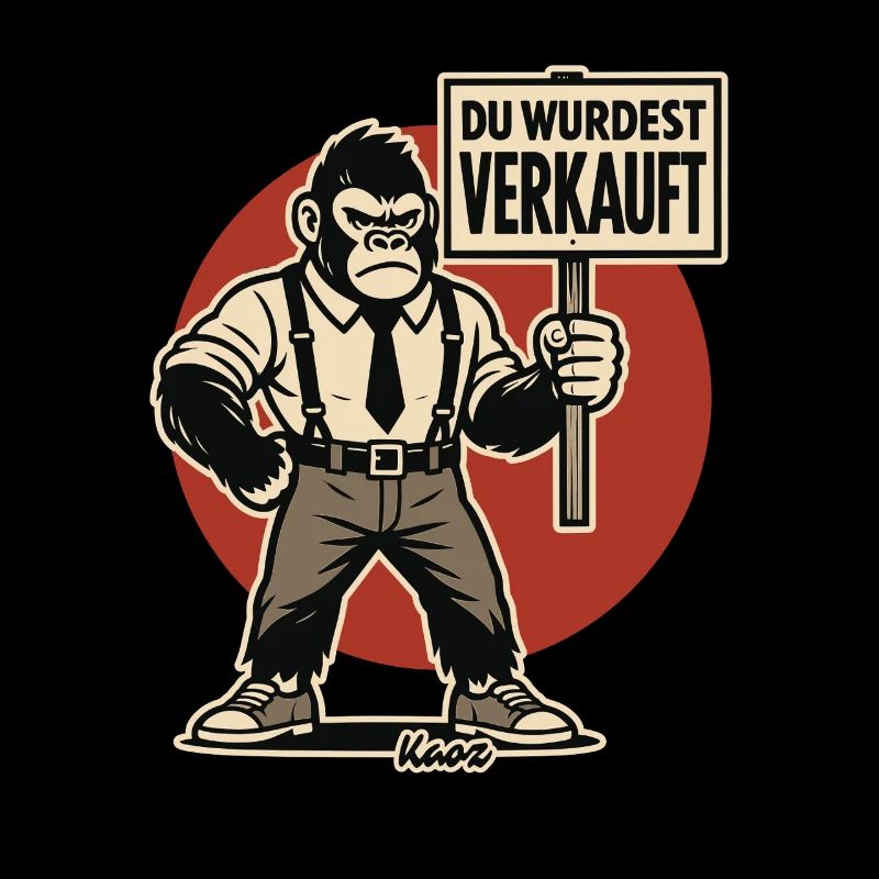 Wütender Gorilla mit Schild „Du wurdest verkauft“