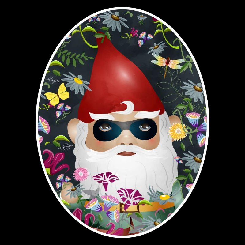Nain de jardin avec masque incognito dans un jardin fleuri