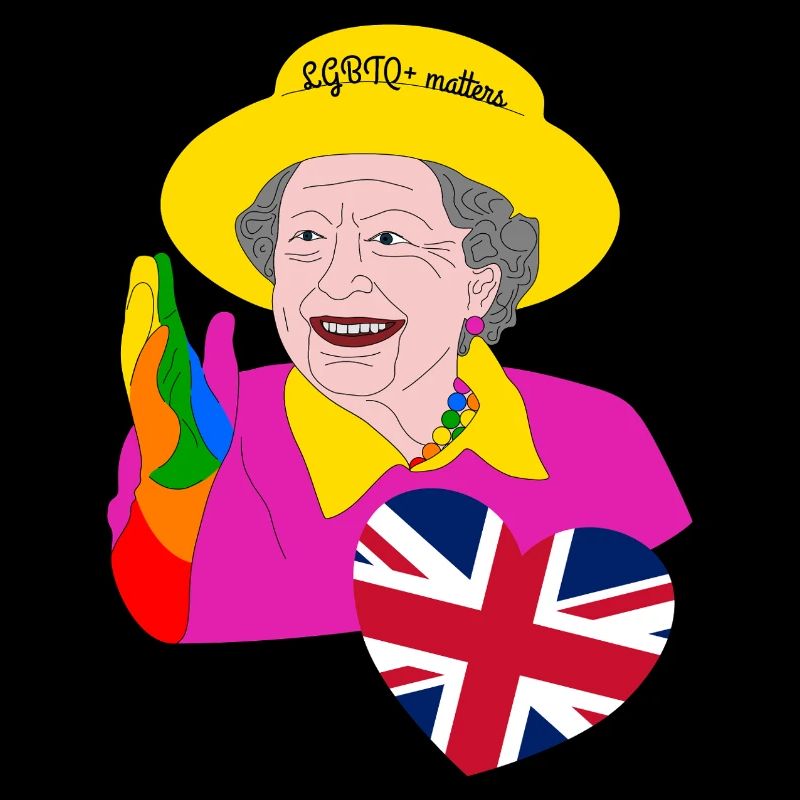 Queen in rainbow colors with Union Jack heart