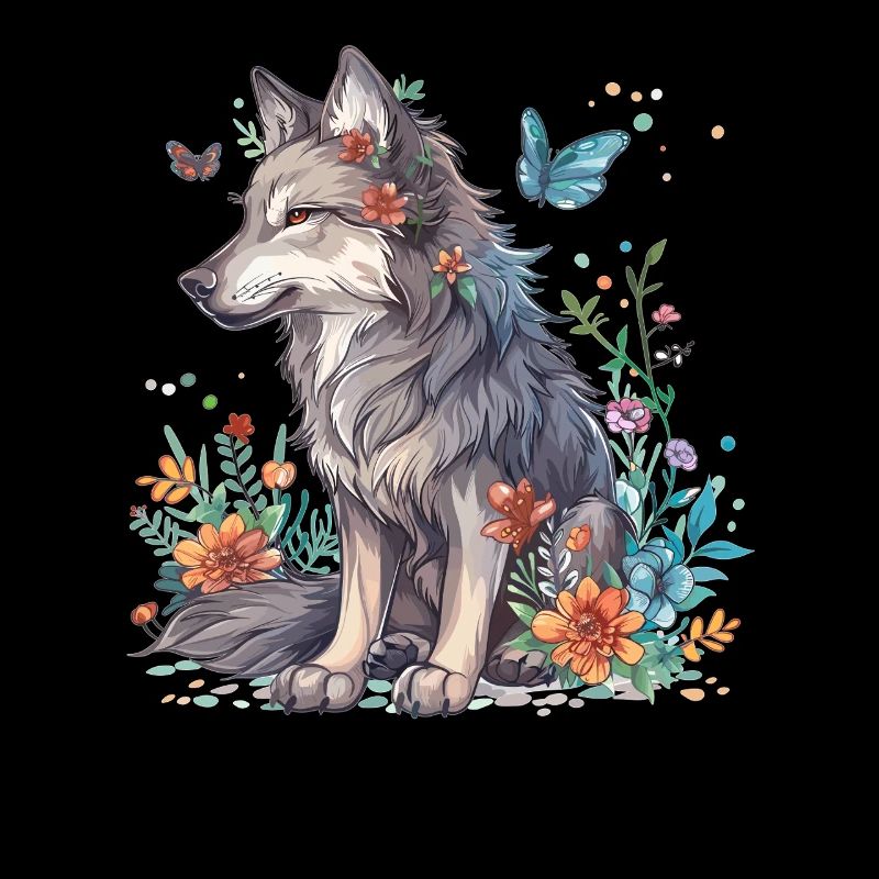 Loup avec des fleurs et des papillons