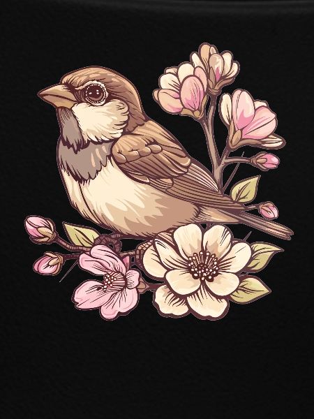 Spatz auf Blütenzweig