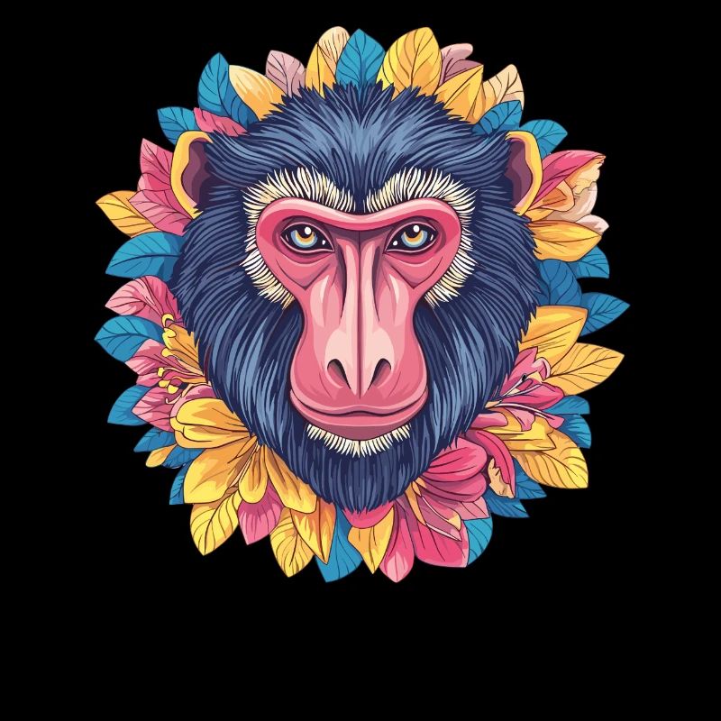 Mandrill mit Blumenkranz