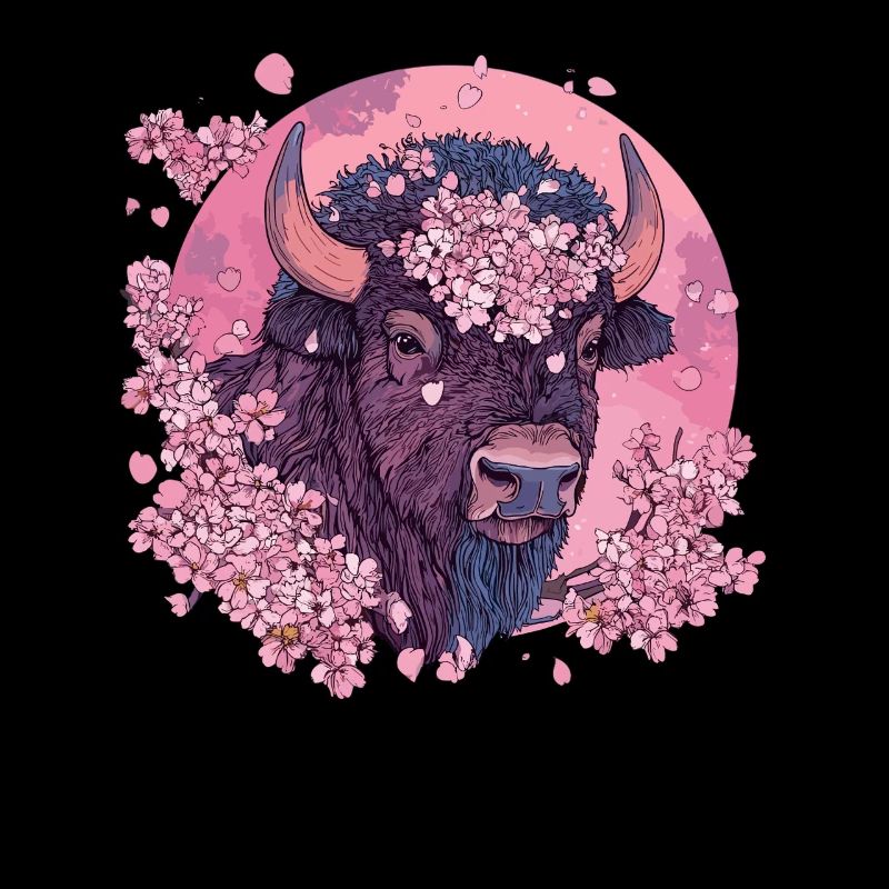 Bison mit Kirschblütenkranz