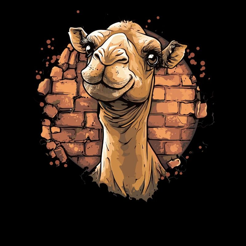 Camel in front of brick wall