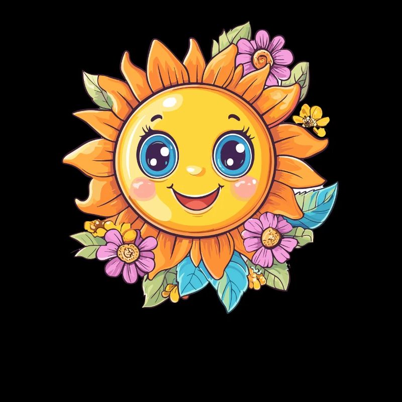 Cheerful sun with flowers