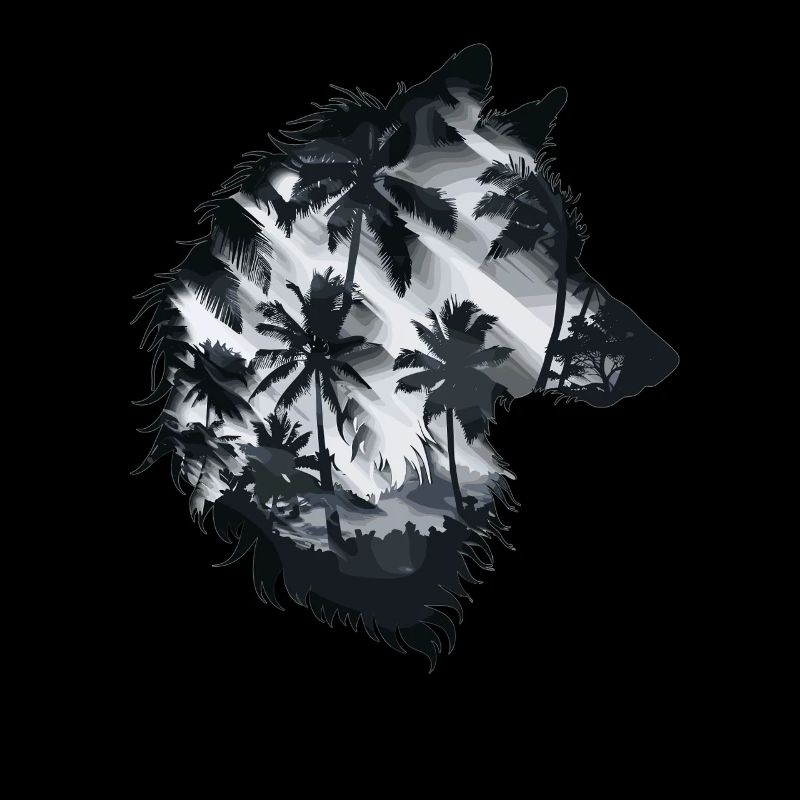 Silhouette de loup avec palmiers et soleil