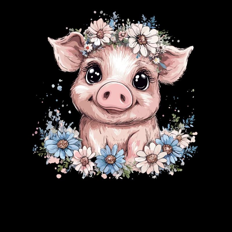 Schwein mit Blumenkranz