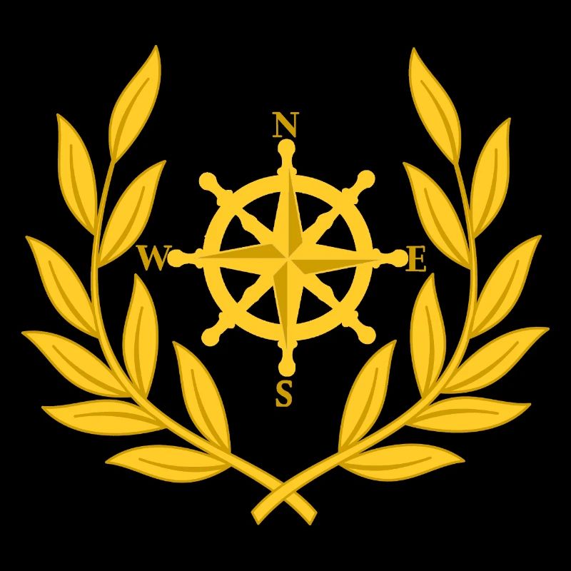 Seafaring compass towards laurel wreath steering wheel