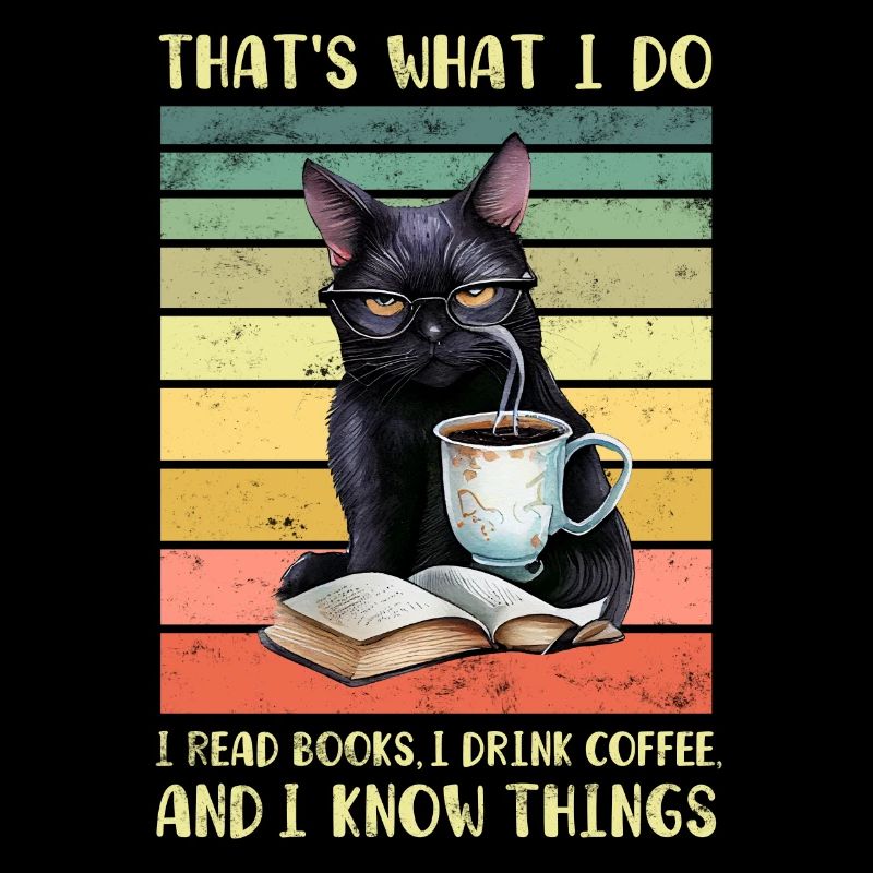 Schwarze Katze mit Kaffee und Buch