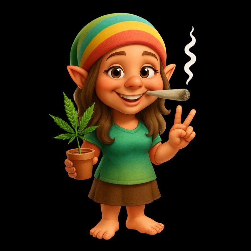 Kiffende Zwergin mit Cannabispflanze