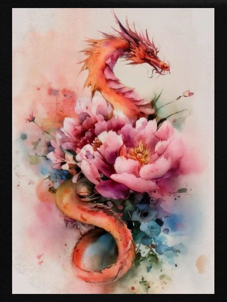Aquarell Drache und Blumen