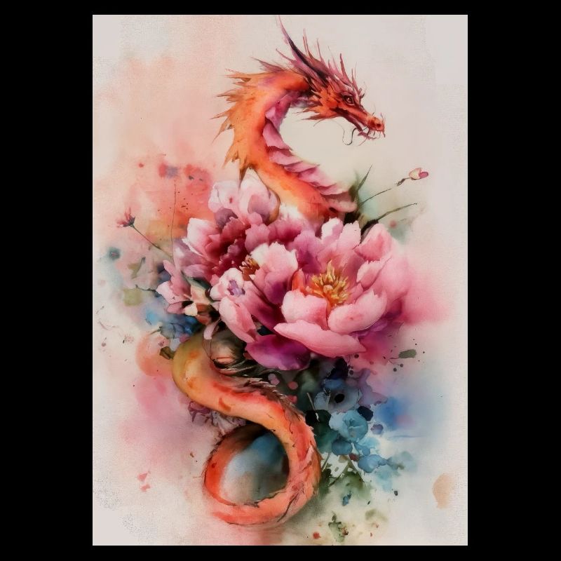Dragon Aquarelle et Fleurs