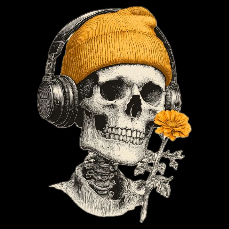 Crâne avec capuchon jaune et casque
