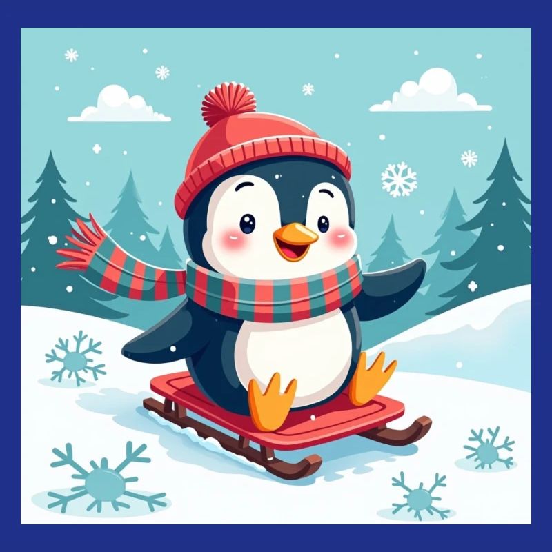 Lachender Pinguin auf dem Schlitten – Winterspaß