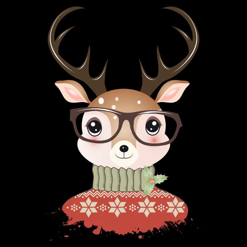 Hirsch mit Weihnachtspullover und Nerd Brille