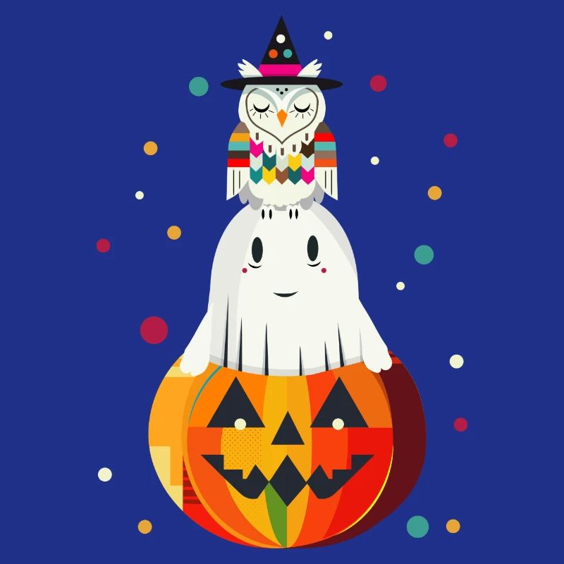 Eule und Geist auf dem Kürbis – Halloween-Motiv