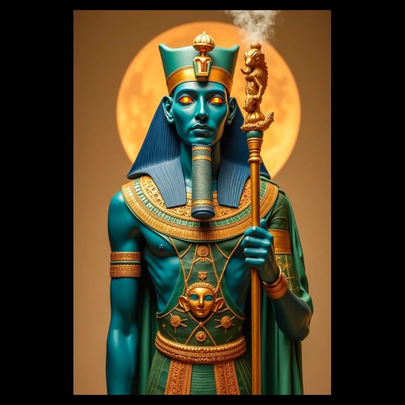 Ptah, blue-skinned god, holding a scepter, glowing