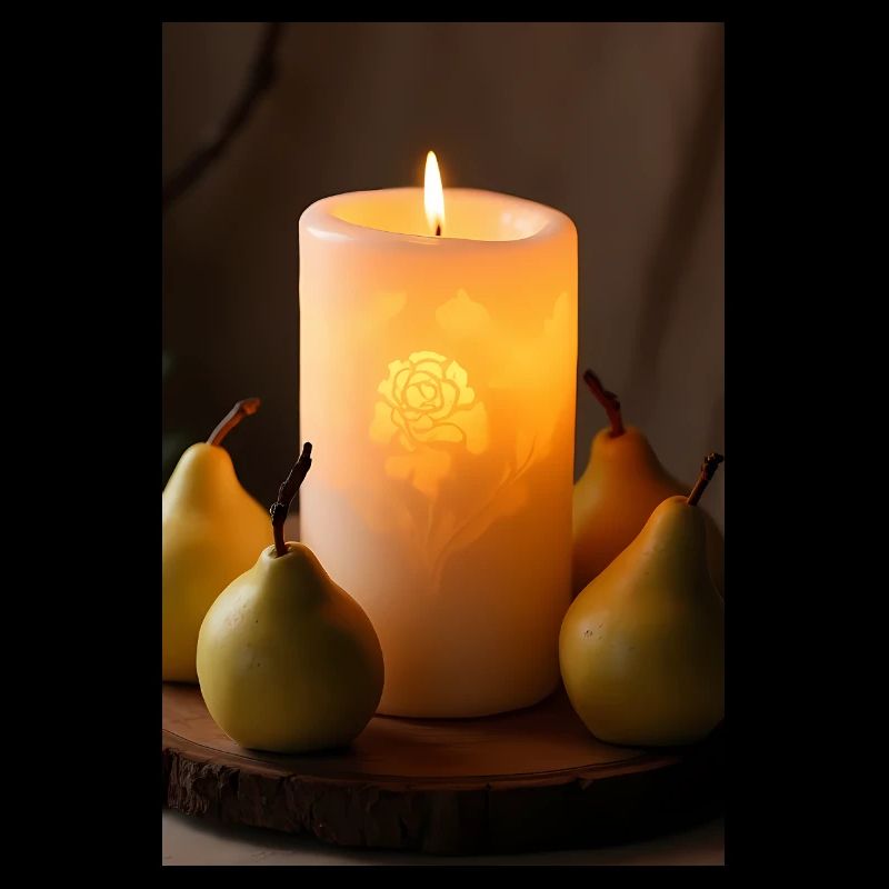 Burning candle with pears on rustic wood